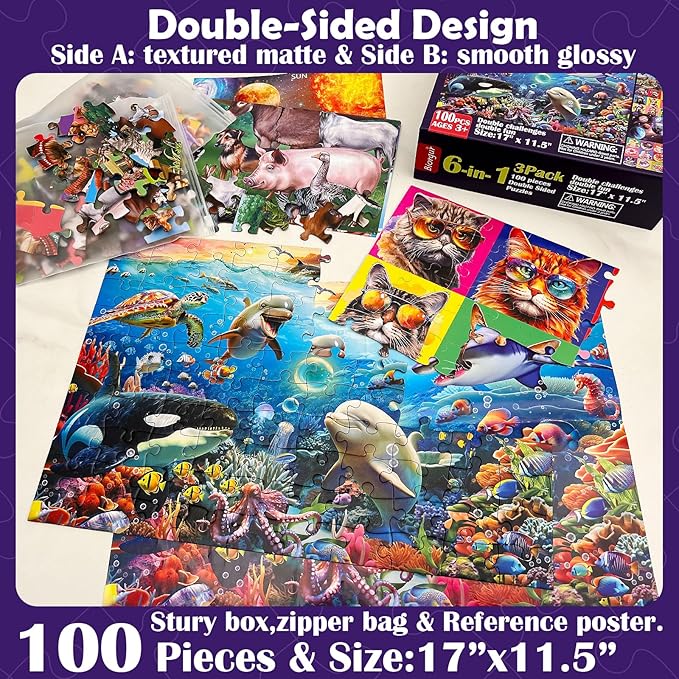 Puzzles for Kids Ages 4-6 and 6-8,3 Pack 100 Pieces Double Sided Jigsaw Puzzles for Kids Ages 8-10 Year Old (6-in-1),Learning Educational Puzzles Toys for Boys and Girls,17” x 11.5”