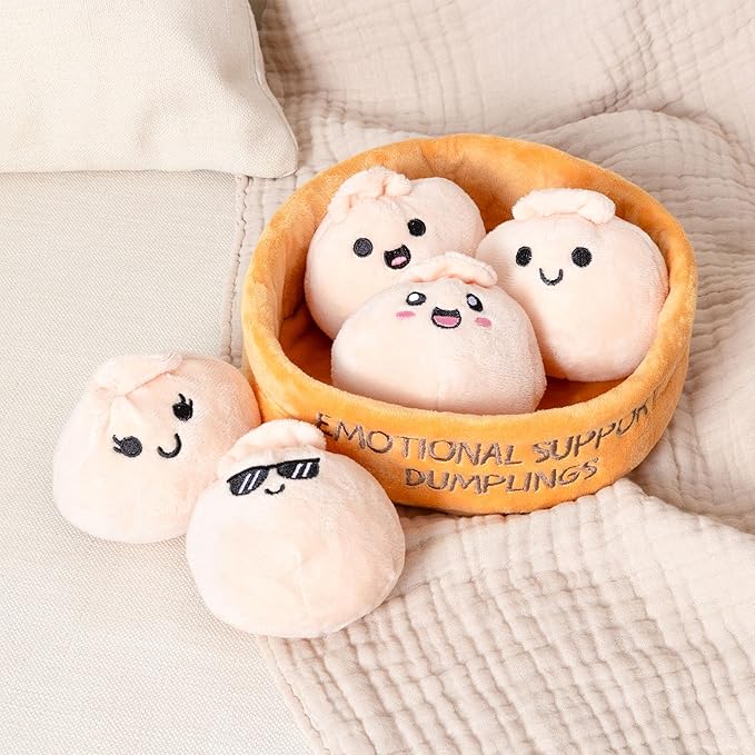 WHAT DO YOU MEME? Emotional Support Dumplings by Relatable, Cuddly Stuffed Animals and Plushies Set, Small Gifts for Mom, Includes 5 Dumplings Plush Toys with Carrying Basket, for Mom