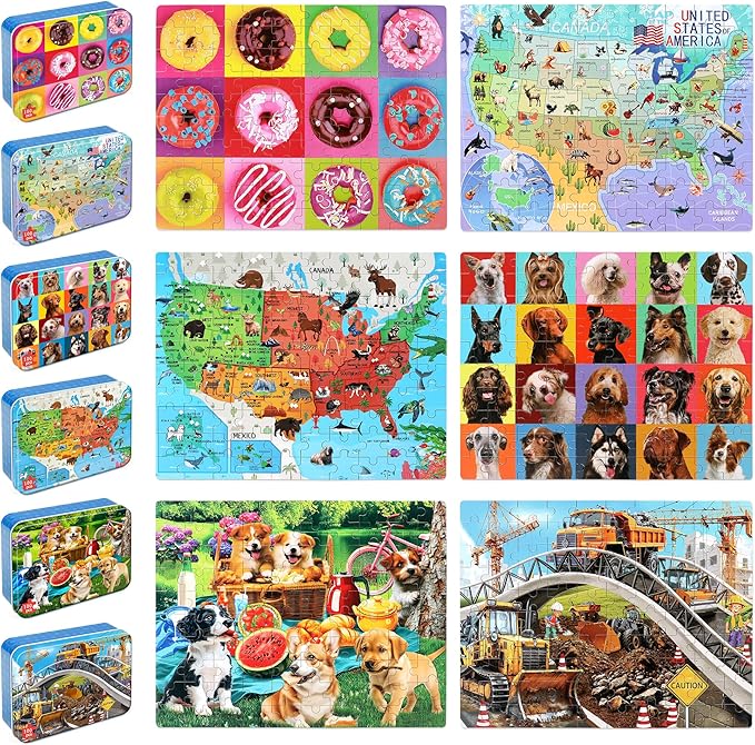 LELEMON Puzzles for Kids Ages 4-6,6 Pack 100 Piece Puzzles for Kids Ages 4-8 in a Metal Box,Educational Jigsaw Puzzles Puzzle Games Puzzle Toys for Girls and Boys