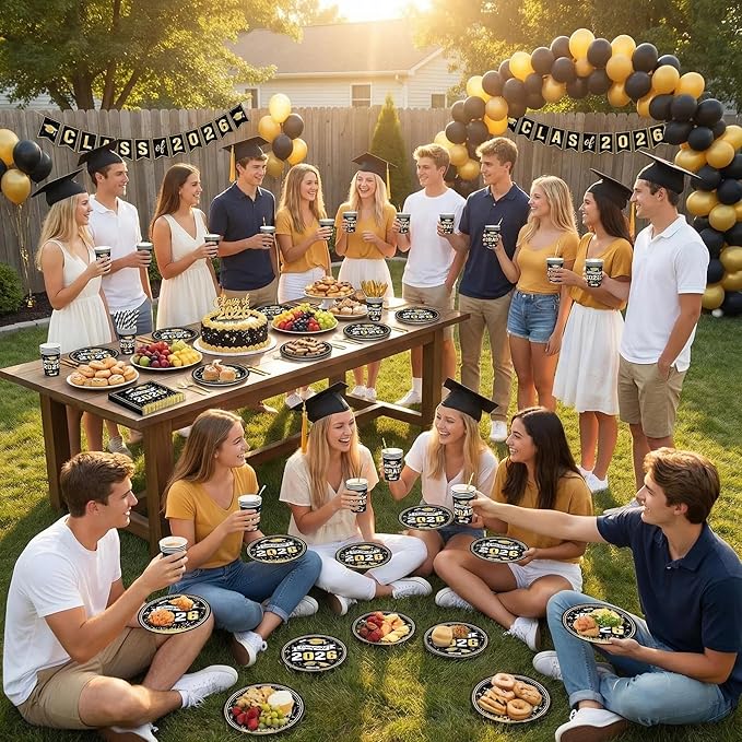 168 PCS Black Gold Graduation Party Supplies Serves 24 Guests, Disposable Tableware Set Plates Cups Napkins Cutlery Straws, School Student Graduation Birthday Decorations for Boys & Girls