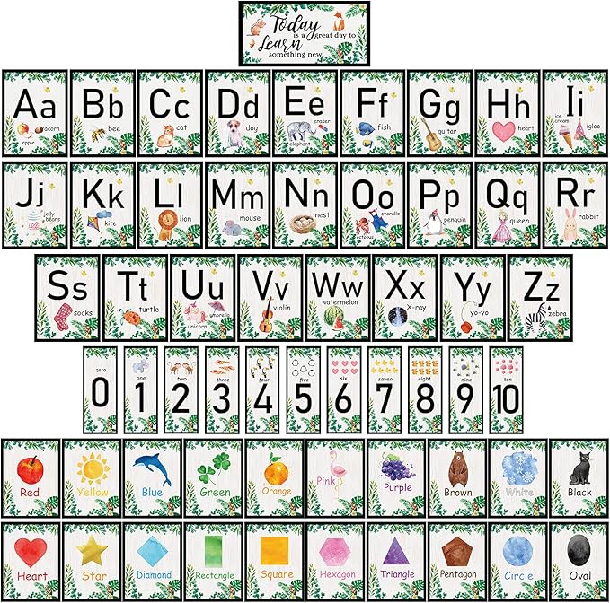 58 Pieces Educational Preschool Cards Kids Early Learning Poster Alphabet Number Colors and Shapes Bulletin Board Decoration Kindergarten Classroom Learning Card with Glue Point Dot (Fresh Style)
