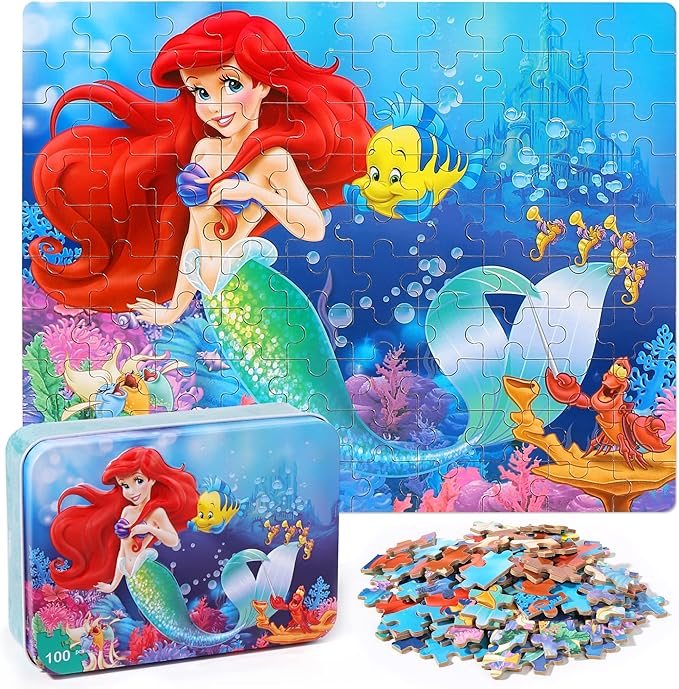 LELEMON Pretty Puzzles for Kids Ages 4-6,100 Piece Puzzles for Kids Ages 4-8,Educational Jigsaw Puzzles in a Metal Box,Childrens 100 Piece Puzzle Games Puzzle Toys for Girls and Boys