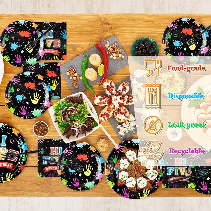 Hi Five Drawing Party Supplies - 96Pcs Art Painting Themed Plates Napkins Forks Tableware Set, Disposable Paper Plates Party Decoration for Kids 5 Years Old Birthday Baby Shower Table Decor, Serve 24
