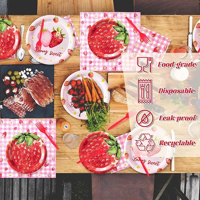 Strawberry Party Supplies - 96Pcs Adorable Watercolor Strawberry Plates Napkins Forks Tableware Set, Disposable Paper Plates Party Decoration for Kids Birthday Picnic Table Decor, Serve 24