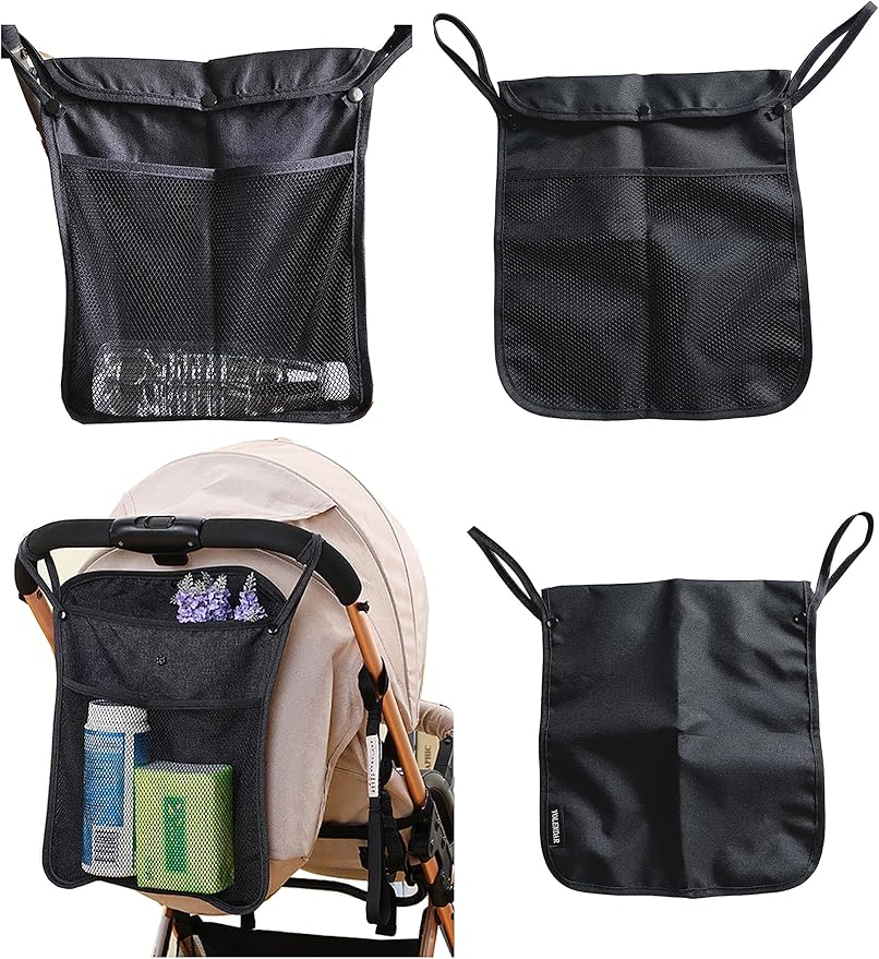 Baby Stroller Organizer With Two compartments Front Mesh Pocket for Bottle Nappy Diaper Storage, Detachable Straps,2pcs Organizer Hooks (Yellow)