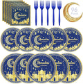 96 Pcs Ramadan Plates and Napkins Forks Sets - Blue Gold Eid Mubarak Themed Round Tableware, Disposable KAREEM Paper Plates Napkins Kit for Ramadan Party Supplies Favors Table Decorations, Serves 24