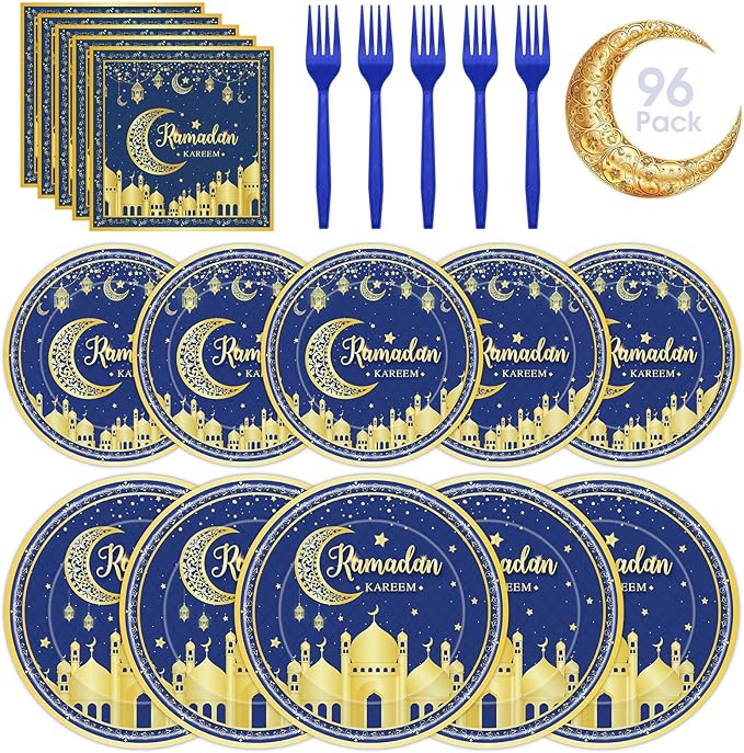 96 Pcs Ramadan Plates and Napkins Forks Sets - Blue Gold Eid Mubarak Themed Round Tableware, Disposable KAREEM Paper Plates Napkins Kit for Ramadan Party Supplies Favors Table Decorations, Serves 24
