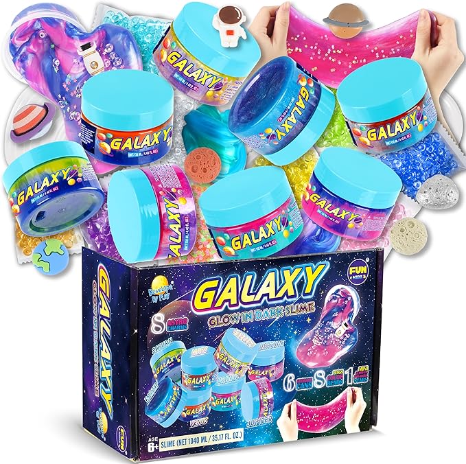 35.16 FL OZ Galaxy Glowing Slime for Kids, FunKidz 1040ML Premade Space Slime 8 Packs Toy for Girls Slime Kit with Neon, Glow, Metallic Fun Boys Craft Great Party Gifts