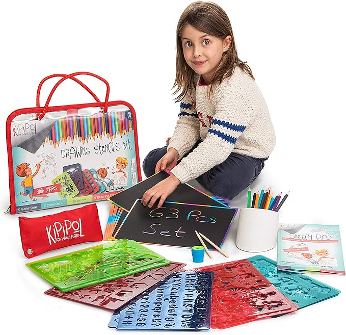 Kipipol 63 Pcs Drawing Stencils for Kids Ages 4-8 - 8-12 and Up - Arts and Crafts for Girls and Boys - Kids Drawing kit - Arts Set- 15 Art Stencils, 260+ Designs -Scratch Art- Creativity Gifts & Toys