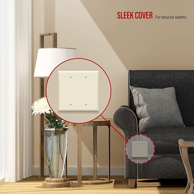 ENERLITES Double Blank Device Wall Plate, Gloss Finish, Mid-Size 2-Gang 4.88" x 4.92", Unbreakable Polycarbonate Thermoplastic, UL Listed, 8802M-LA, Light Almond