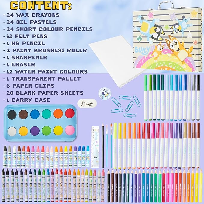 Bluey Colored Pencils Art Supplies for Boys Girls Drawing Kit Painting School Supplies Art Kit Travel Case Gifts for Kids (Blue Case)