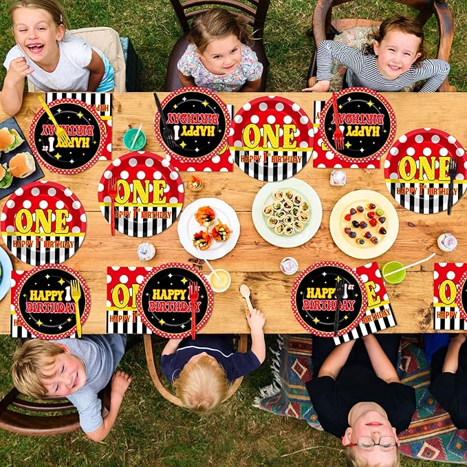 96 Pcs Mouse 1st Birthday Party Plates and Napkins Set Cartoon Mouse Party Decorations Red Black Yellow Paper Dessert Plates Polka Dot Tableware Set for Boys Girls 24 Guests
