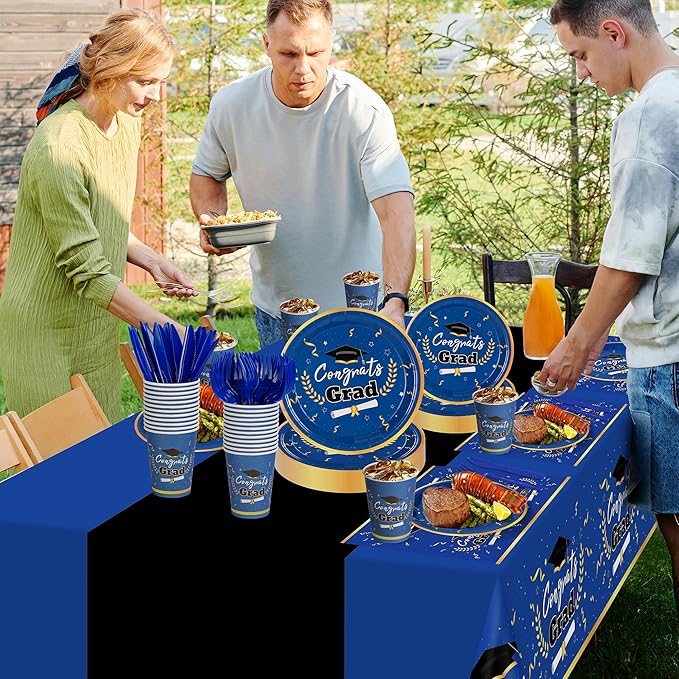 Graduation Decorations Class of 2026 Graduation Party Decorations,147 PCS Disposable Congrats Grad Tableware,Blue and Black Tablecloth Knives Fork Plates Napkin Cups for School,College,Party,Serve 24
