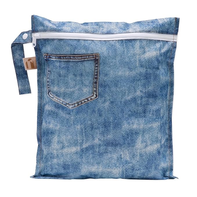 Bumkins Roamio Waterproof Wet Bag for Baby, Travel, Swim Suit, Cloth Diapers, Pump Parts, Pool, Beach, Gym Clothes, Toiletry, Hook to Stroller, Daycare, Zipper Wetdry Packing Pouch, Faux Pocket Denim