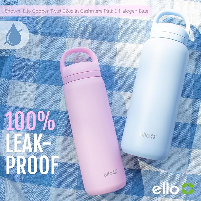 Ello Cooper Twist 22oz Stainless Steel Water Bottle with Chug Lid | Leak Proof Double Walled and Vacuum Insulated | Fits Car Cupholder | Built in Carry Loop | Dishwasher Safe | Cashmere Pink