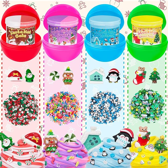 4 Pack Christmas Slime Balls with Charms, Christmas Stocking Stuffers for Kids, DIY Butter Slimes Sensory Toys, Slime Party Favors for Girls Boys, Halloween Xmas Gifts for Girls & Boys Kids Ages 4-12
