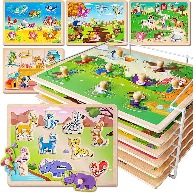 SYNARRY Wooden Puzzles for Toddlers 1-3, 6XSET Animals Puzzles for Toddlers 2-4 with Rack, Toddler Puzzles Ages 2-4, Kids Learning Educational Montessori Toys, Education Toys for 2 3 Years Boys Girls