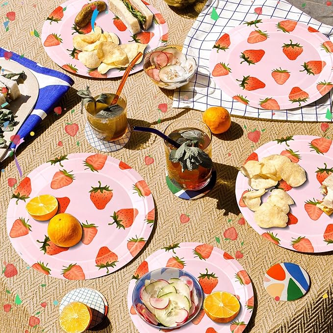 CANREVEL 96 PCS Strawberry Party Plates Serve 24, Strawberry Plates and Napkins Forks Set, Disposable Tableware for Birthday Party Supplies Decorations for Grils Kid Women Adult