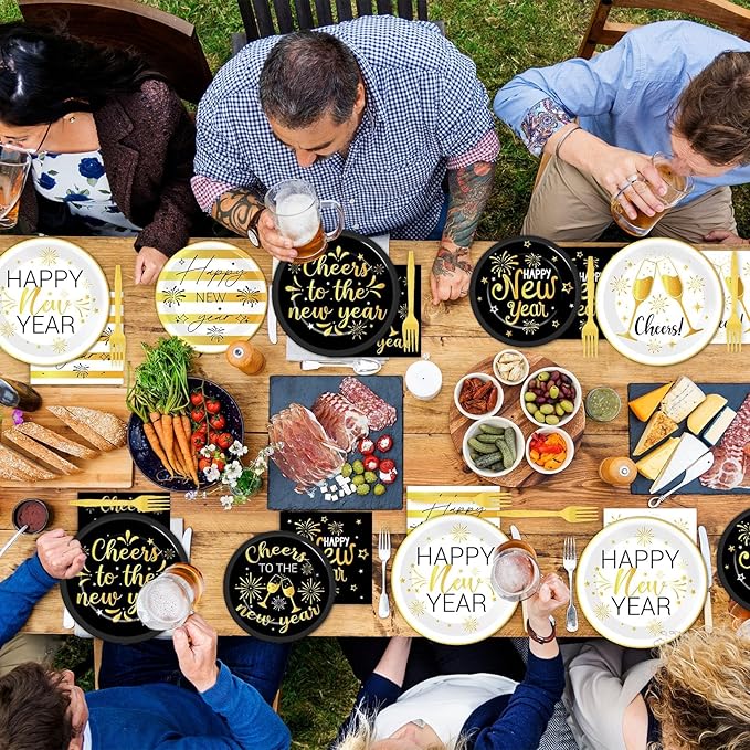 96Pcs New Years Party Supplies 2026 Black and Gold Themed Paper Plates Napkins Cheers Party Tableware Disposable Dinnerware Happy New Years Decorations Set for 2026 NYE Holiday Celebration Table Decor