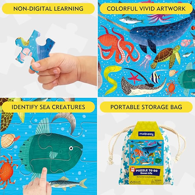 Mudpuppy Ocean Life – 36 Piece Puzzle to Go Featuring Colorful Sea Creatures Perfect Travel Activity for Children Ages 3 and Up