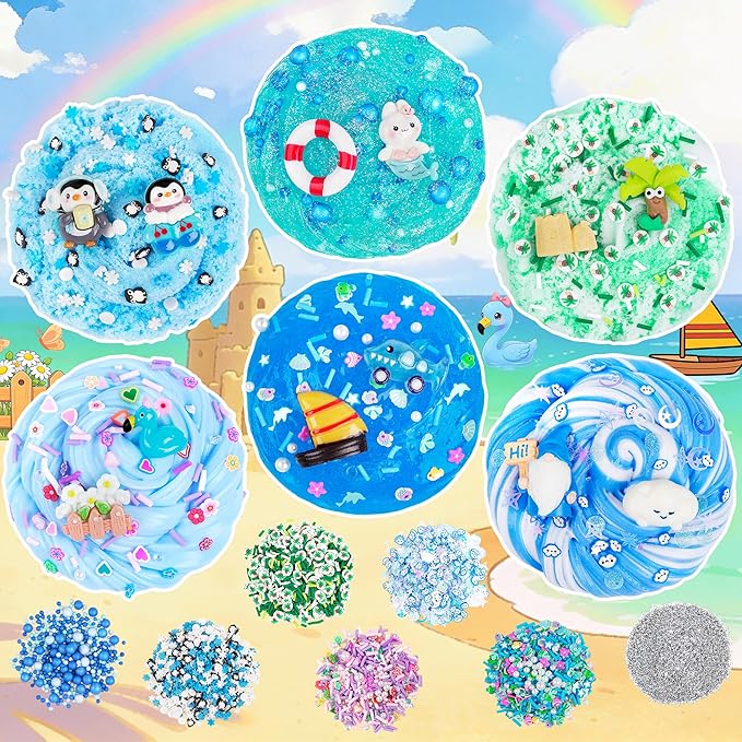 LAWOHO 6 Pack Blue Ocean Slime, Clear Butter Cloud Slime Kits for Girls Ages 8-12, Non-Stick Kids Slime Party Favor Toys with Add-Ins, Birthday Goodie Bag Stuffers Easter Valentines Day Gifts for Kids