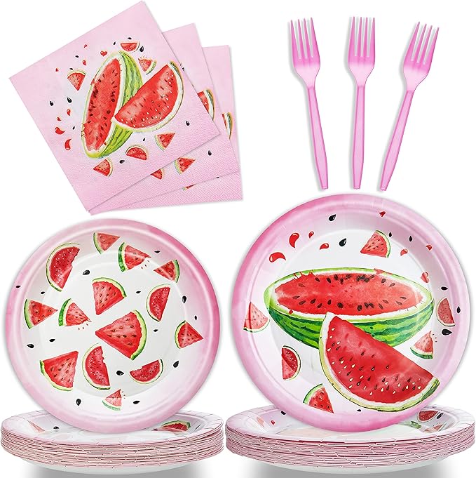 96 Pcs Watermelon Birthday Party Plates Napkins Forks Supplies Tableware Set Disposable Table Watermelon Theme Decoration for Girl Birthday Party or Summer Party, Serves 24 Guests