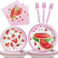 96 Pcs Watermelon Birthday Party Plates Napkins Forks Supplies Tableware Set Disposable Table Watermelon Theme Decoration for Girl Birthday Party or Summer Party, Serves 24 Guests