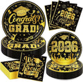 144Pcs 2026 Graduation Plates and Napkins for 48 Guests, Black and Gold Congrats Grad Party Supplies, Class of 2026 Disposable Paper Plates Napkins Forks for Graduation Party Decorations