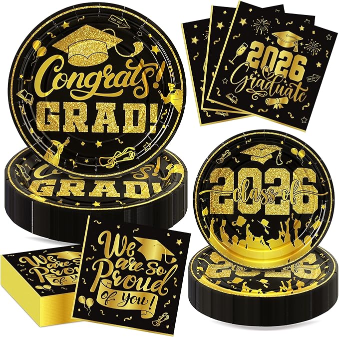 144Pcs 2026 Graduation Plates and Napkins for 48 Guests, Black and Gold Congrats Grad Party Supplies, Class of 2026 Disposable Paper Plates Napkins Forks for Graduation Party Decorations