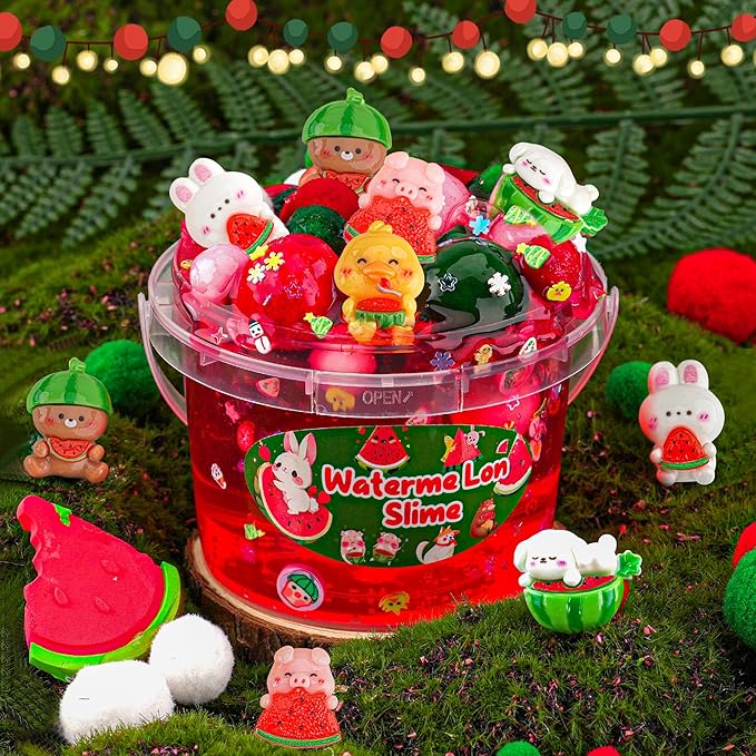 Watermelon Red Slime Kit, Clear Slime Bucket with Clay, 10 Packs of Add-ins, Slimes Party Favors for Kids, Sensory Toys Slimes Kit Birthday Easter Hallowmas for Girls & Boys Ages 8-12