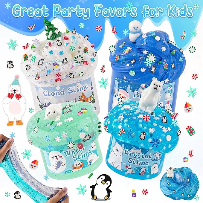 LAWOHO 6 Packs Snow Slime Kit - Butter, Clear, Water, Cloud Slimes, Fluffy Slime Making Kit for Kids with Cute Charms & Add-ins, Blue Kids Slimes Kits for Girls & Boys Birthday Christmas Easter Gifts