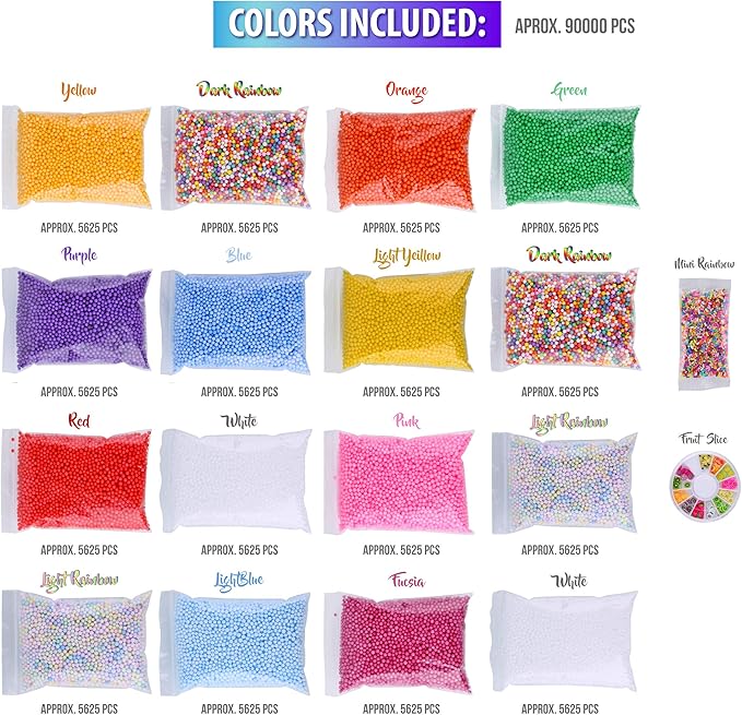 Slime Foam Beads Floam Balls – 18 Pack Microfoam Beads Kit 0.1-0.14 inch Micro Colors Rainbow Fruit Beads Craft Add ins Homemade DIY Kids Ingredients Flote Microbeads Supplies Mini Small