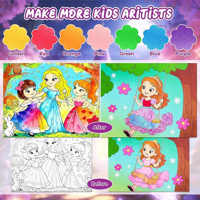CHICAUP Paint with Water Coloring Books & Shimmer Art Kit for Kids, Princess Themed Arts and Crafts Set with Watercolor Painting Kit, Travel Art Supplies for Girls Ages 4-8 Birthday Christmas Gift