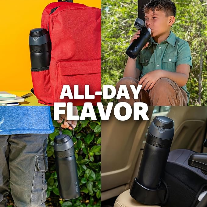 Cirkul 16oz Onyx StrawSip Flip Stainless Steel Water Bottle - Double Walled Vacuum Insulated Bottle For Kids and Teens with Flavor Cartridge Included, No Sugar, Zero Calories (Caffeine Free)