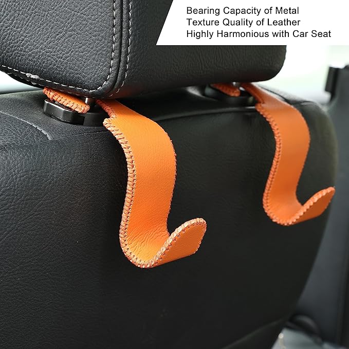 Amooca Car Seat Headrest Hook Universal Vehicle Storage Hanger Leather with Metal Car Seat Back Organizer for Handbag Purse Coat Orange 2 Pack