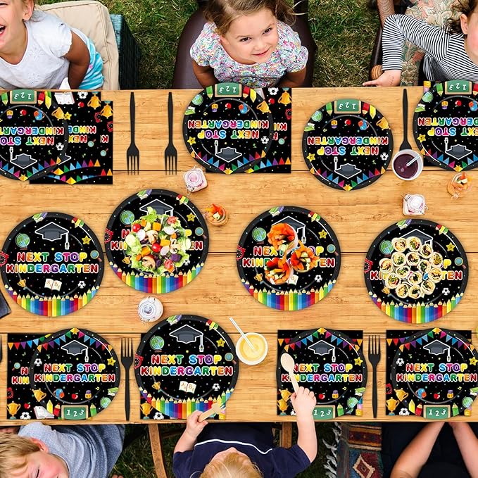 96Pcs Preschool Graduation Plates and Napkins, Next Stop Kindergarten Party Supplies Prek Graduation Themed Dessert Disposable Plates Tableware set for 24 Guests Party Decorations