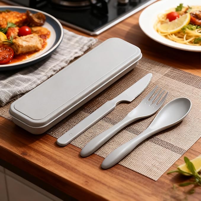 Reusable Travel Utensils Set with Case,2 Sets Wheat Straw Portable Knife Fork Spoons Tableware, Eco-Friendly BPA Free Cutlery for Kids Adults Picnic Camping Essentials