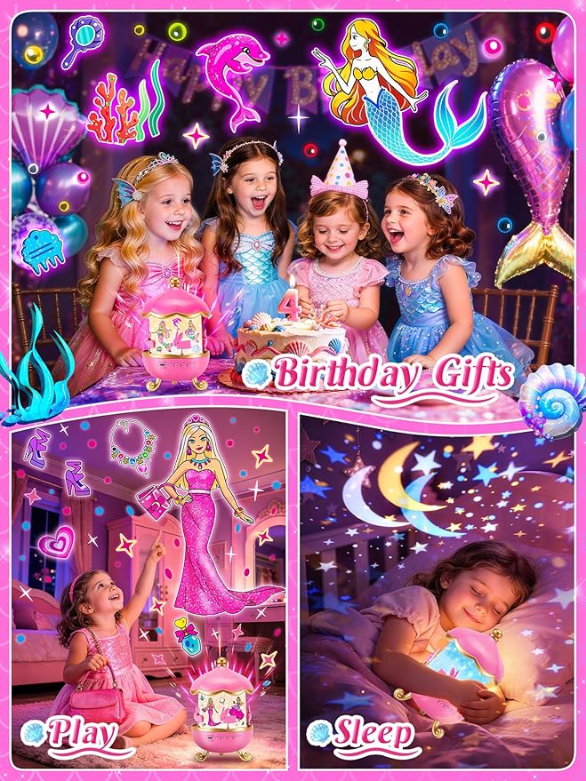 Little Mermaid Toys, 15 Soothing Sounds+18 Films+378 Colors Kids Night Light Projector, 360°+Remote+Cordless+Pink Mermaid Birthday Gifts for Girls, Princess Toys Princess Room Decor[Dreamy Packaging]