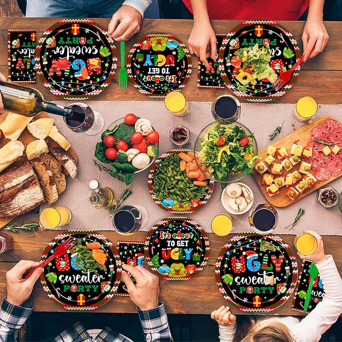 200Pcs Christmas Ugly Sweater Party Plates, Red and Green Ugly Xmas Sweater Party Decorations Supplies Winter Holidays Family Gathering Birthday Party Tableware Disposable Dinnerware Set , Serves 50