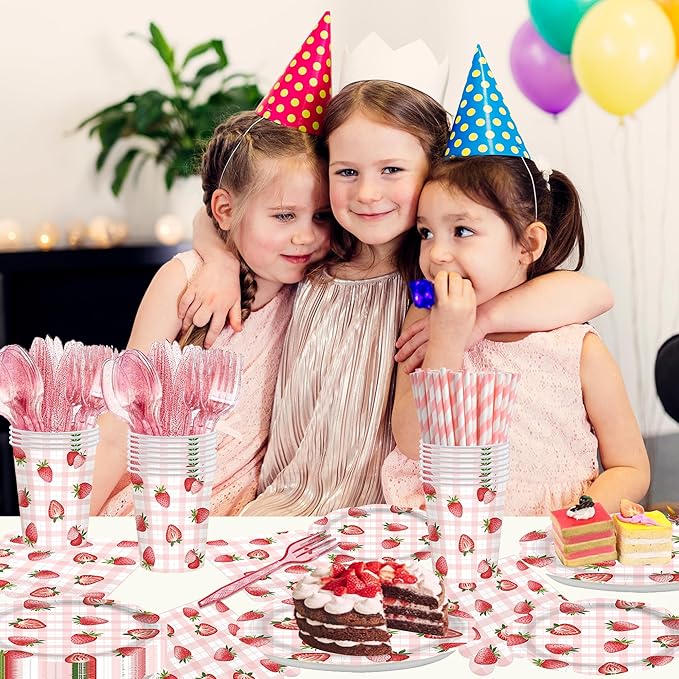 192pcs Strawberry Birthday Party Decorations Plates Napkins Disposable Paper Cups Straws Strawberry Tableware Set Party Supplies for Girls Kids Birthday Decor Serve 24 Guests