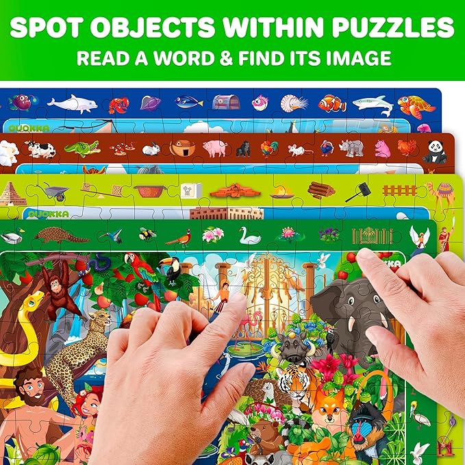 QUOKKA 60 Piece Kids Puzzles Ages 5-8 - Set of 4 Bible Jigsaw Puzzles for Kids 4-6-10 Year Old - Tower of Babel - Noah`s Ark - Eden Toys for Children 5-7 yo - Christian Gifts for Boys & Girls