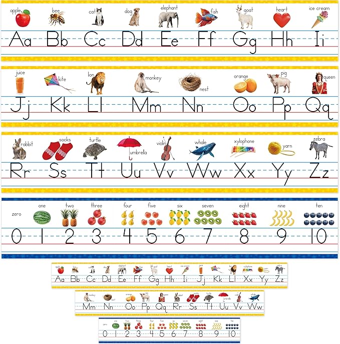 Alphabet & Number Line Bulletin Board Set, 12 PCS ABC & 123 Wall Decorations 26 Upper & Lower Case Letters Plus Numbers 0-10 for Preschool, Kindergarten Classroom Playroom Bedroom Decors