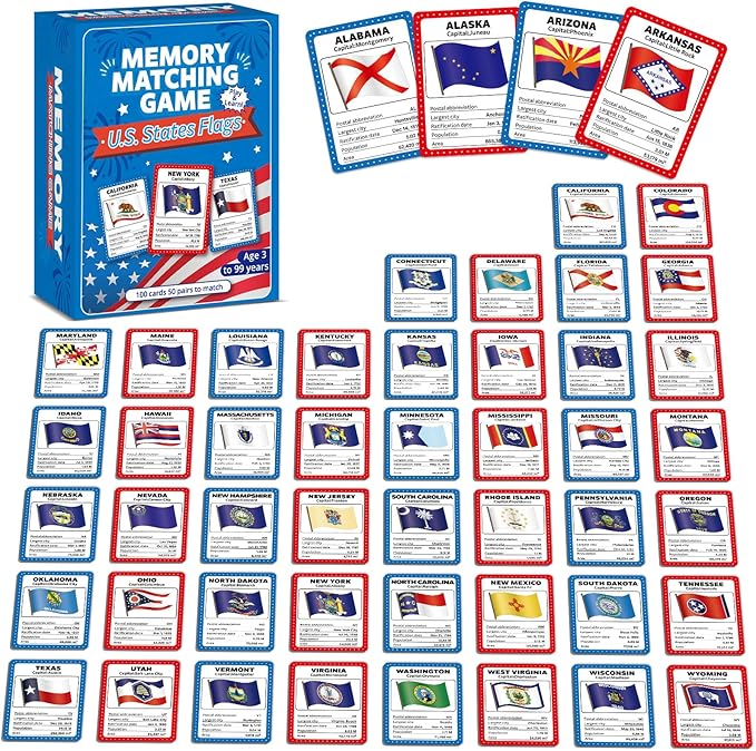 gisgfim 100 PCS Memory Matching Game Flags of U.S. States Concentration Memory Card Educational Cards Games Geography Learn States Capitals Game Gift for Kid Adults Learning Activities Matching Games