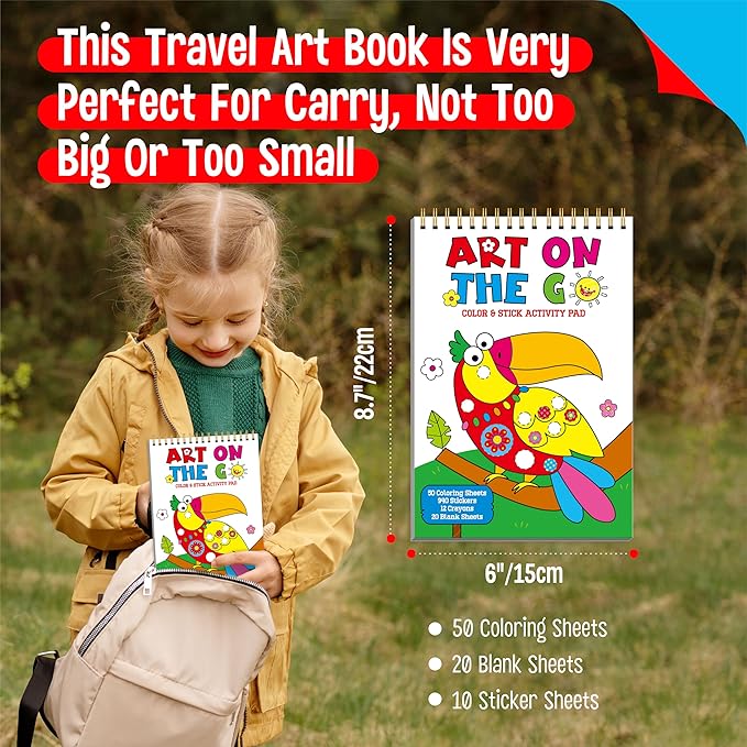 SpriteGru Road Trip Coloring Kit, 50 Coloring Pages with 940 Decorative Stickers & 12 Crayons, Mess-Free Travel Sticker Collage Activity DIY Dotty Animals Travel Art Craft Kit for Kids, Toddlers