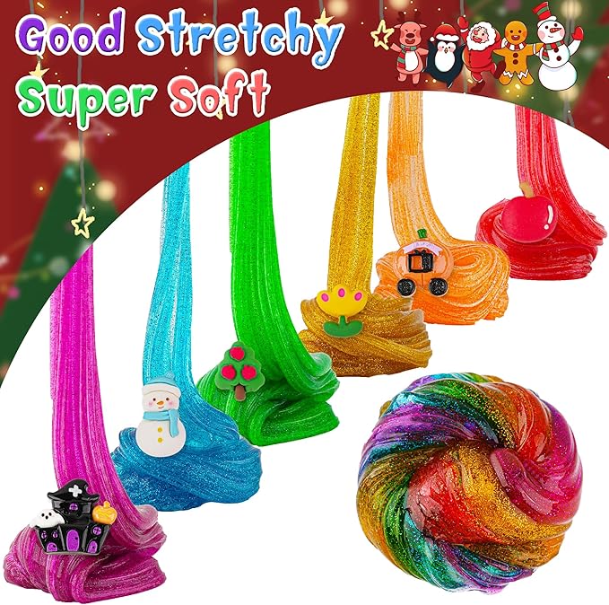 6 Pack Glitter Crunchy Slime Kit, Rainbow Slime for Kids, Christmas Stocking Stuffers, Slime Party Favors Sensory Toys, Holiday Birthday Easter Hallowmas Christmas Girls Gift & Boys Gift