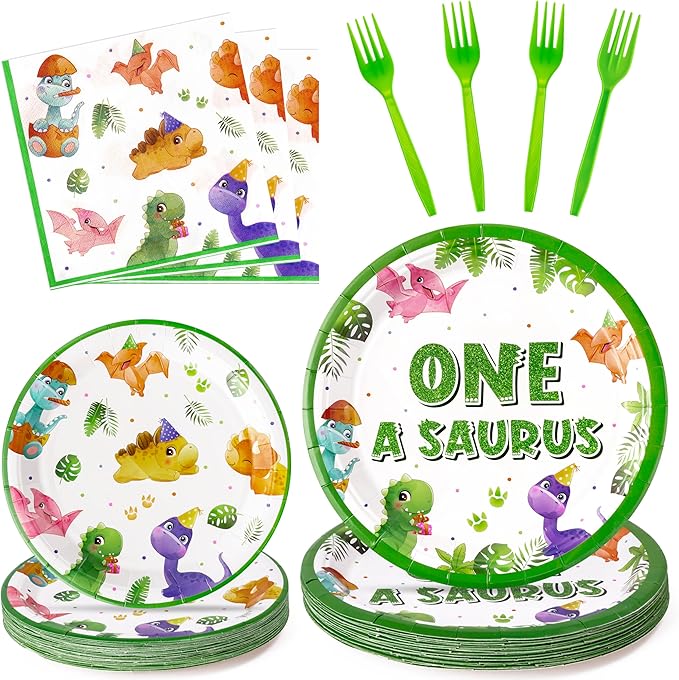 Dinosaur 1st Birthday Party Supplies - 96Pcs Watercolor One A Saurus Plates Napkins Forks Tableware Set, Dinosaur Theme Disposable Party Decoration for Boys Kids First Birthday Table Decor, Serve 24