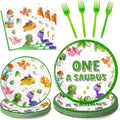 Dinosaur 1st Birthday Party Supplies - 96Pcs Watercolor One A Saurus Plates Napkins Forks Tableware Set, Dinosaur Theme Disposable Party Decoration for Boys Kids First Birthday Table Decor, Serve 24