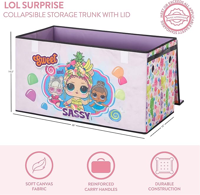 LOL Surprise Collapsible Children’s Storage Trunk - Durable with Soft Lid, 28.5"x14.5"x16", Fun and Spacious Organizer for Kids
