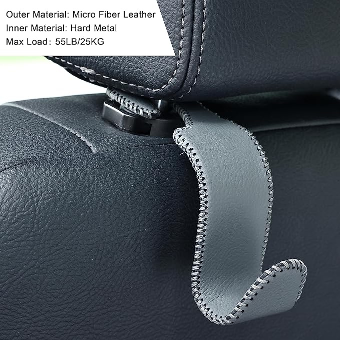 Amooca Car Seat Headrest Hook Universal Vehicle Storage Hanger Leather with Metal Car Seat Back Organizer for Handbag Purse Coat Grey 2 Pack
