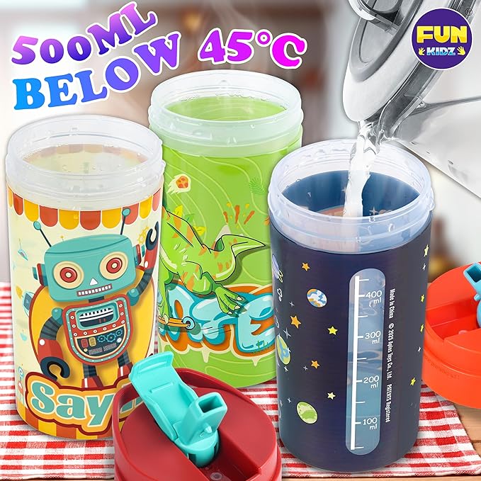 3 Packs Boy Designs 17oz Kids Water Bottle, Total My Style Spout Covered and Carry Handle Designed Lid Leak Proof BPA Free for Boys Ages 3+ Dishwasher Safe for Sports School Travel with Silicone Straw